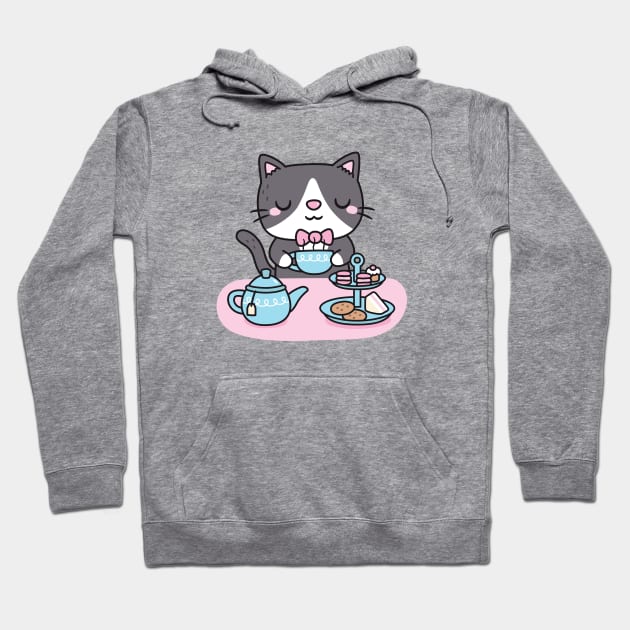 Cute Tuxedo Cat Enjoying Afternoon Tea Pastries And Snacks Hoodie by rustydoodle